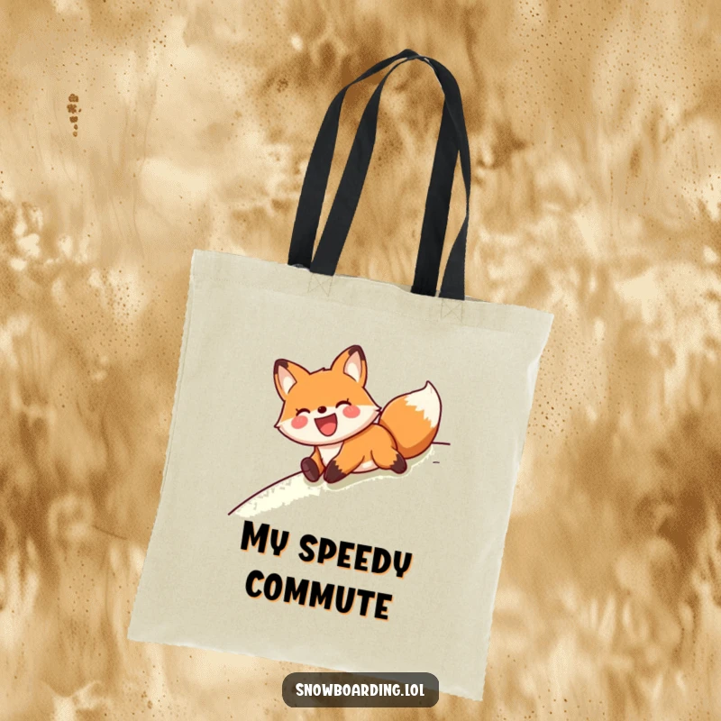Funny fox enjoying a belly slide down a hill, printed on a stylish and humorous tote bag.