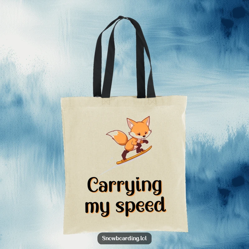 Funny fox skiing tote bag, showcasing a determined fox swift descent down a snowy slope, perfect for carrying essentials.