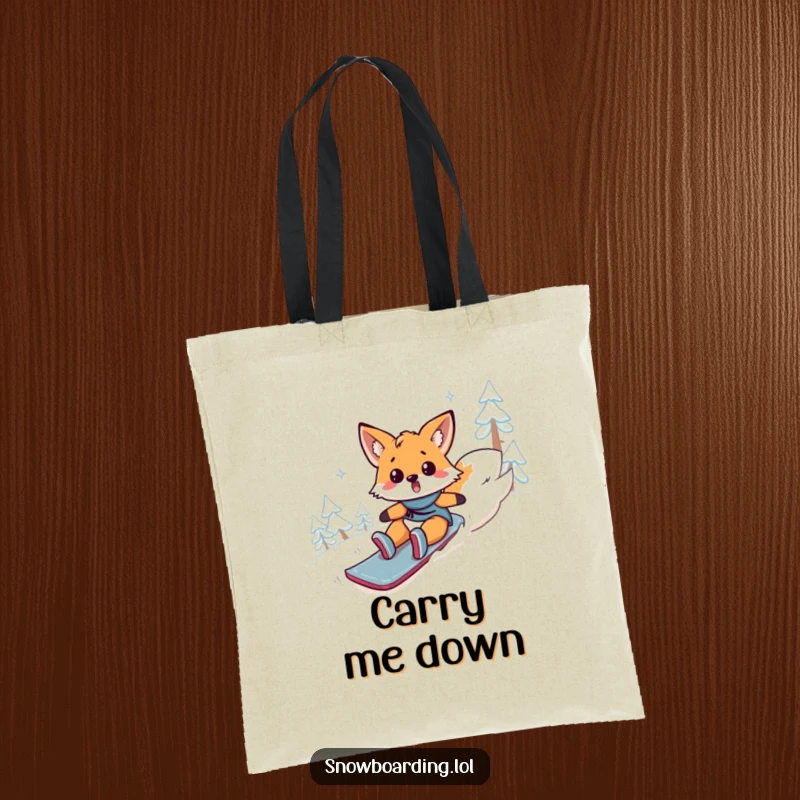 Funny fox tote bag, a surprised animal comically tumbling down a snowy mountain on a snowboard. A humorous and useful bag.