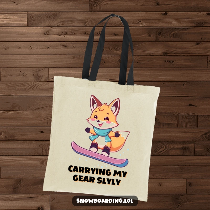 Funny tote bag with a smiling fox mid-air, executing a playful snowboard jump, ready to carry your gear with humor.