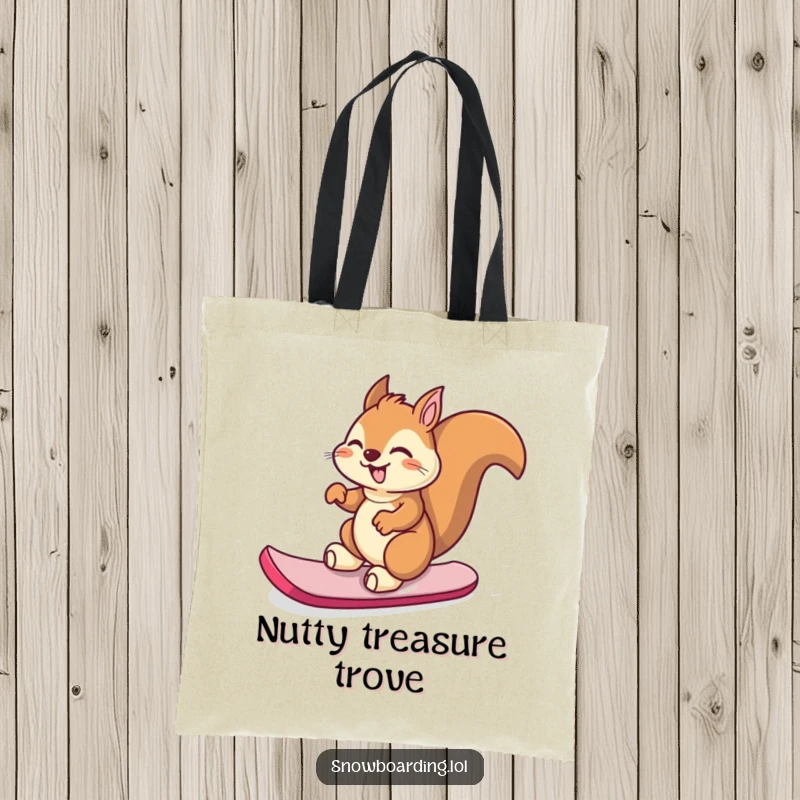 Funny giggling squirrel spinning on its snowboard, a humorous tote bag for carrying joy and necessities.