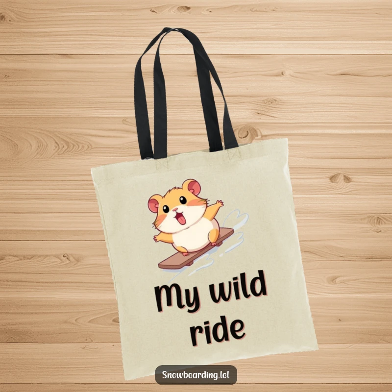 Funny tote bag depicting a surprised hamster comically tumbling down a snowy slope on a snowboard, ready for a hilarious ride.