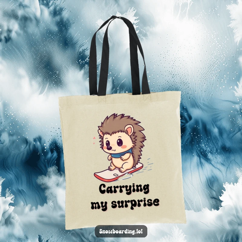 Funny tote bag with a curious hedgehog looking surprised while riding a tiny snowboard, ideal for carrying items with winter humor.
