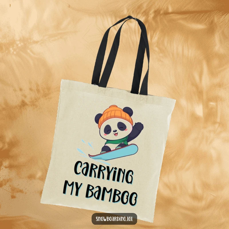 Funny panda snowboard tote bag depicting a panda mid-air doing a flip, perfect for carrying essentials with a humorous winter sports flair.