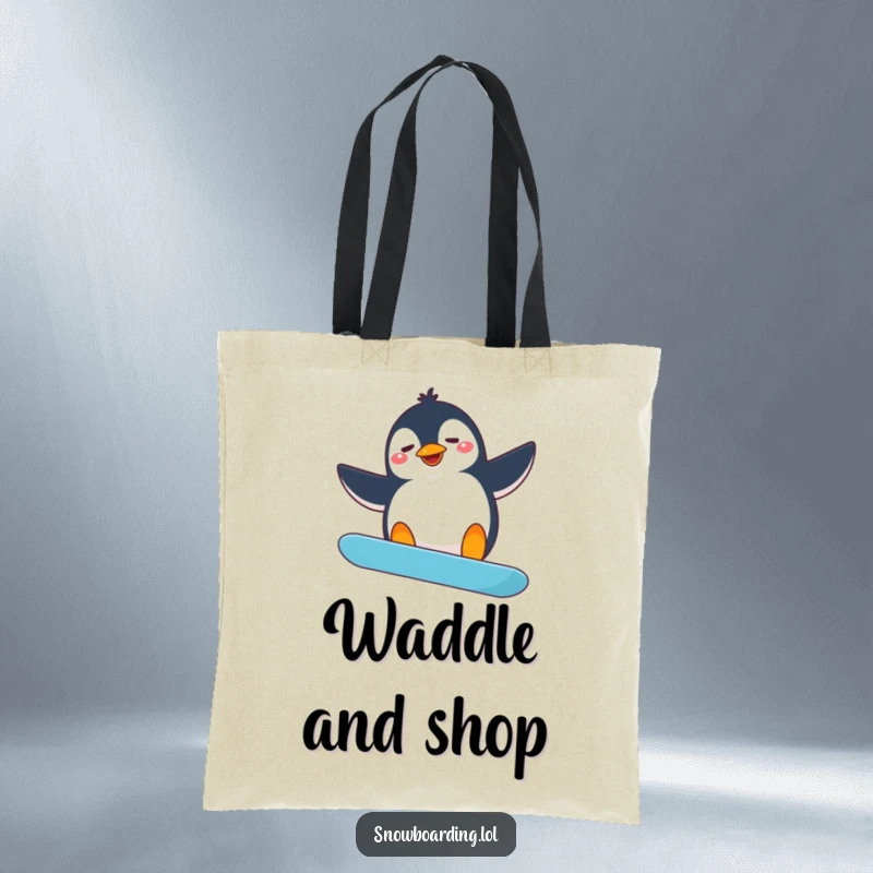 Funny penguin snowboarder tote bag, showing a silly penguin flailing its arms while trying a snowboard spin.
