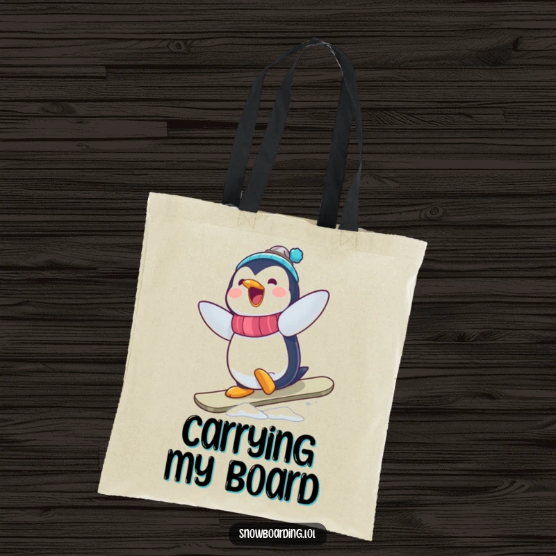 Funny Penguin Snowboarder Tote Bag: A delighted penguin caught mid-air during a wobbly, amusing snowboard trick.