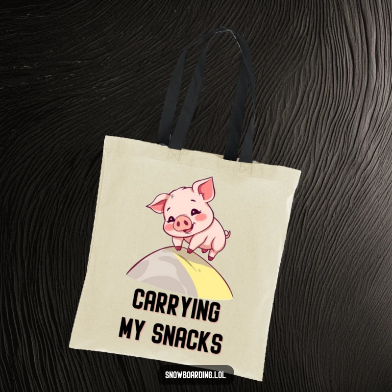 Funny tote bag showing a playful piglet comically wobbling down a slope, a cartoon character ready for adorable adventures.