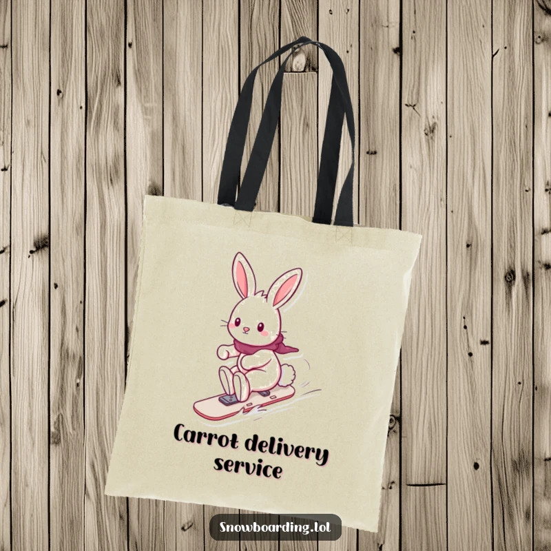 Funny tote bag showcasing a playful bunny snowboarding with a fluffy tail trailing, a charming and humorous accessory for carrying essentials.