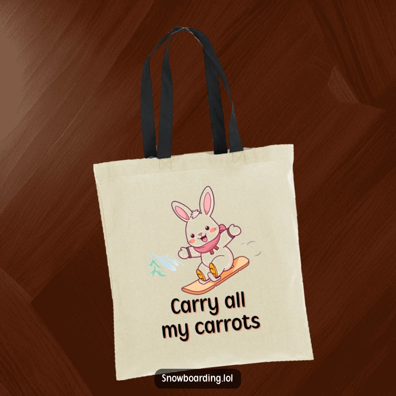 Funny rabbit snowboarder tote bag, depicting a cheerful rabbit fast on a snowboard down a mountain slope.