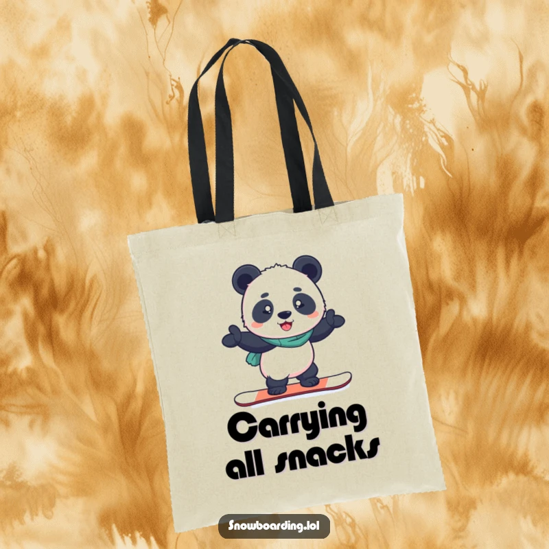 Funny tote bag with a determined panda balancing on a snowboard, perfect for carrying essentials with proud humor.