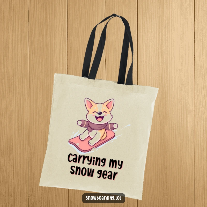 Funny tote bag with a happy dog gleefully snowboarding down a snowy slope, perfect for carrying essentials with winter cheer.