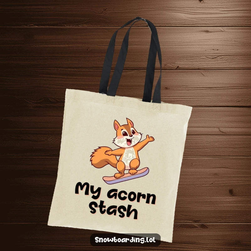 Funny squirrel snowboard tote bag featuring a squirrel performing a jump on a snowboard, ideal for carrying essentials with humor.