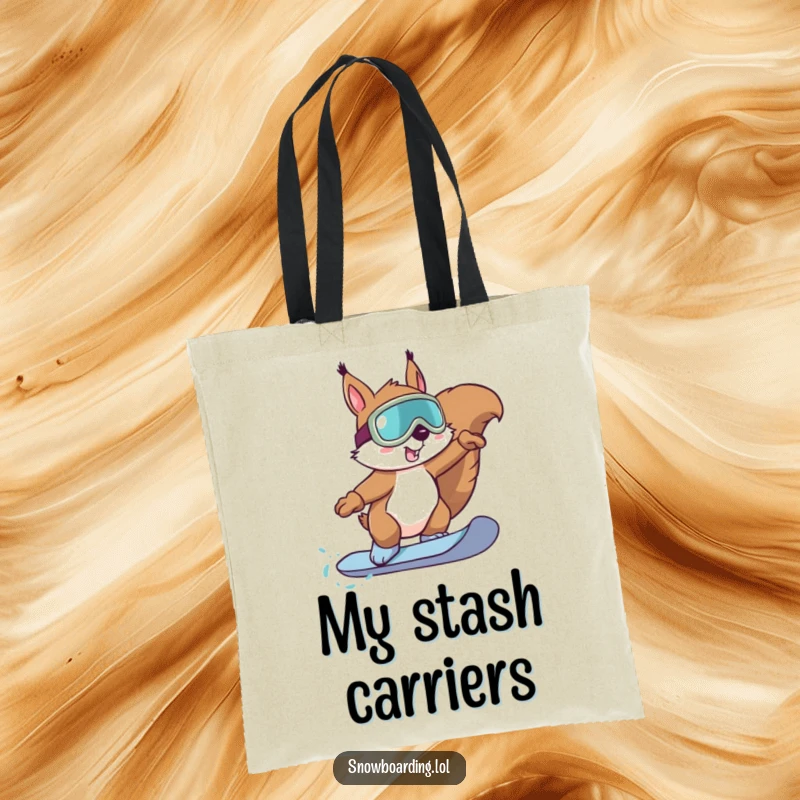 Funny Squirrel Snowboard Tote Bag: A determined squirrel with goggles performing a snowboard trick, ready for action.