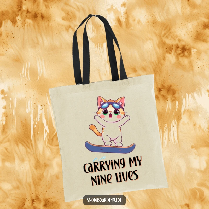 Funny surprised cat airborne on a snowboard, comically off-balance, ideal for carrying groceries or gear with a laugh.