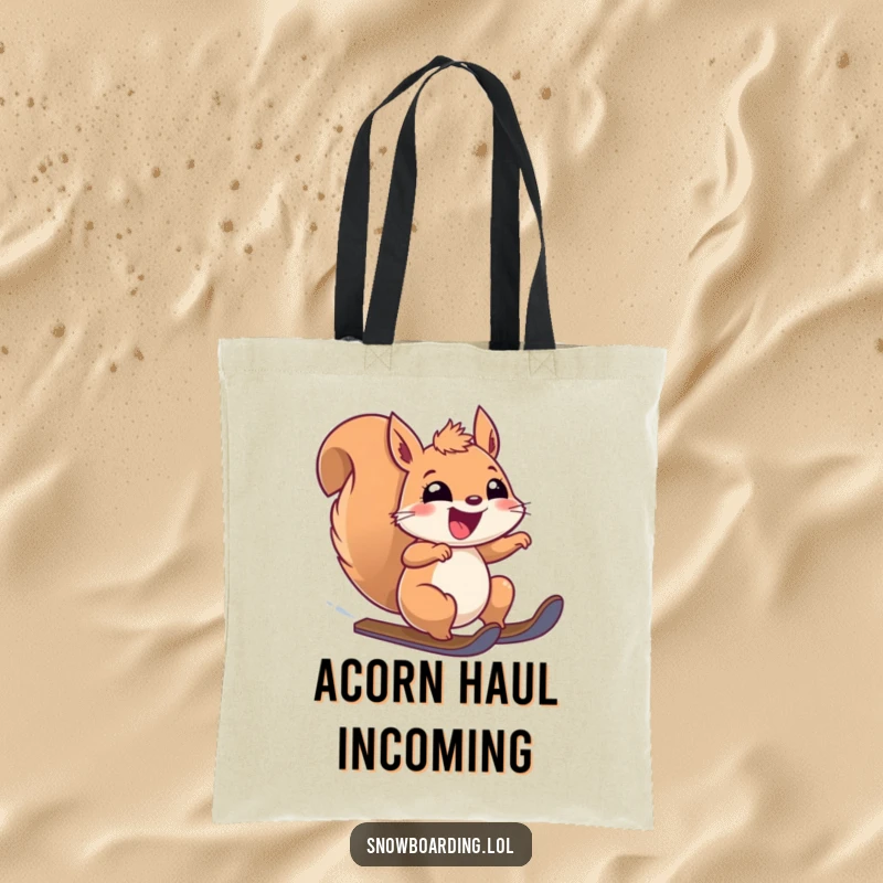 Funny tote bag with a gleeful squirrel rocketing downhill at top speed, conveying pure joy. Great for shoppers.