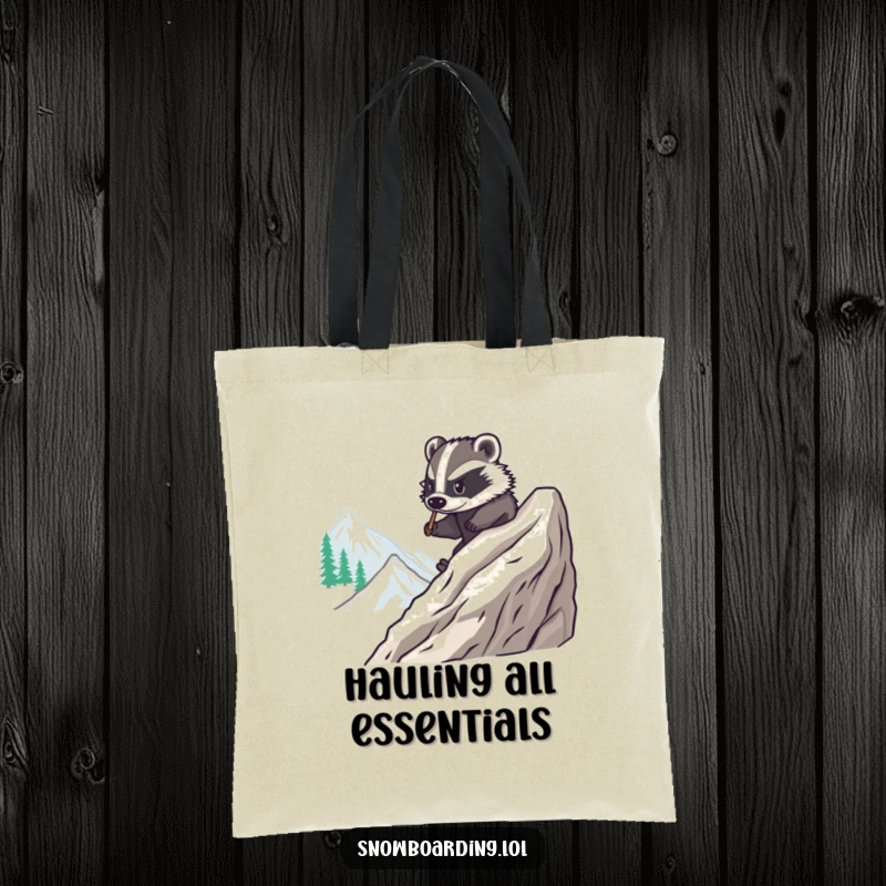 Funny tote bag illustrating a brave badger smoothly snowboarding down a mountain, a humorous accessory for carrying essentials with style.