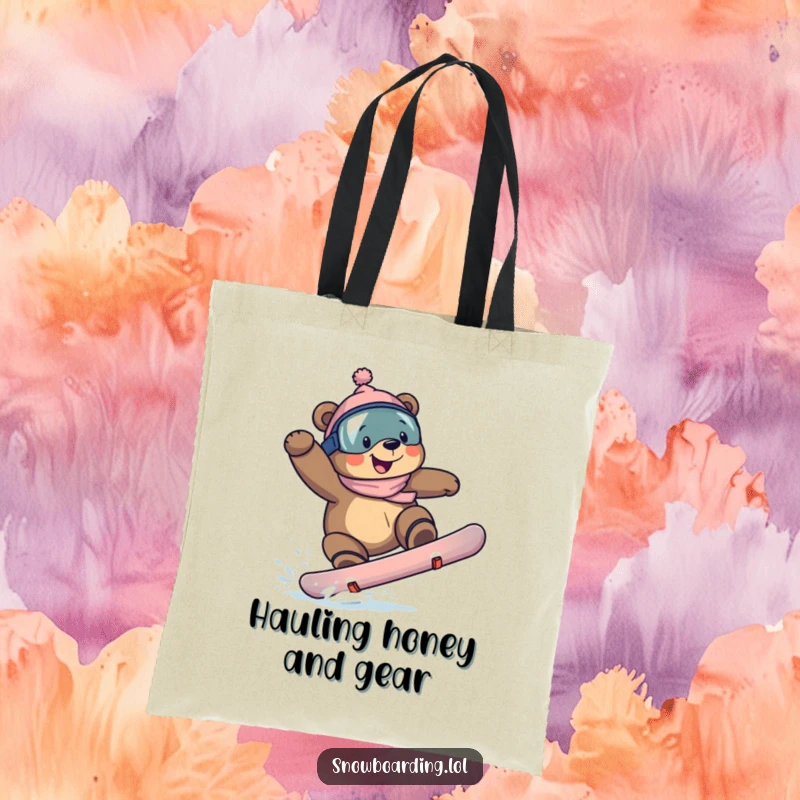 Funny bear snowboarder tote bag, showing a determined bear landing a snowboarding trick with a wide, triumphant grin.