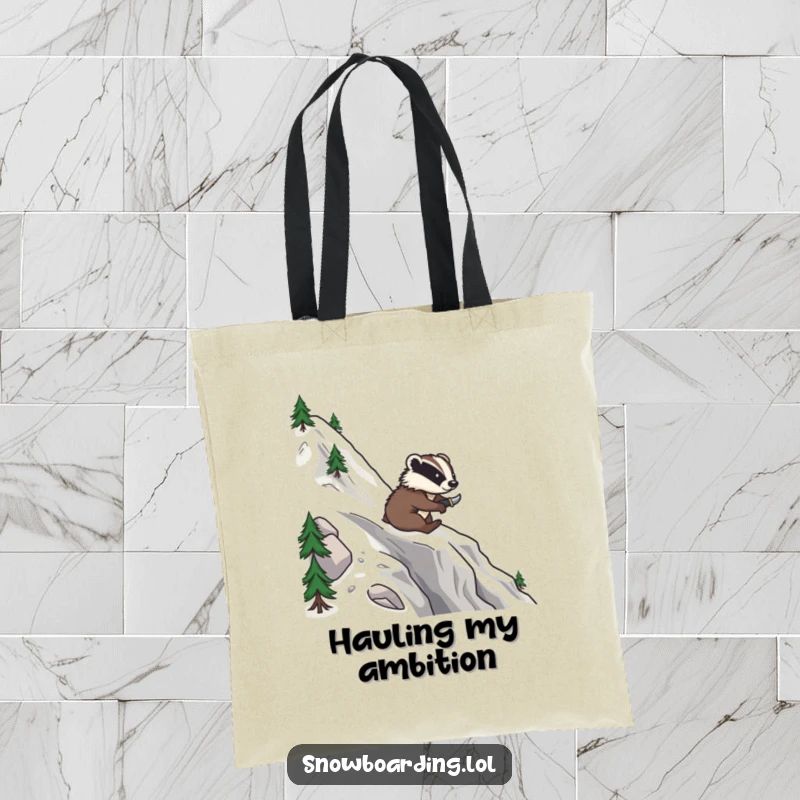 Funny tote bag featuring a brave badger snowboarding down a mountain, carving smooth, confident turns.