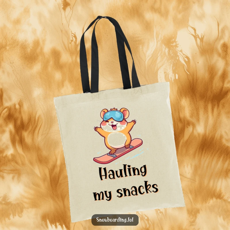 Funny giggling hamster mid-jump on a snowboard, a charming and humorous tote bag bringing joy to daily errands.