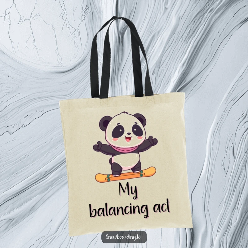 Funny panda attempting to balance on a snowboard, depicted on a durable and humorous tote bag.