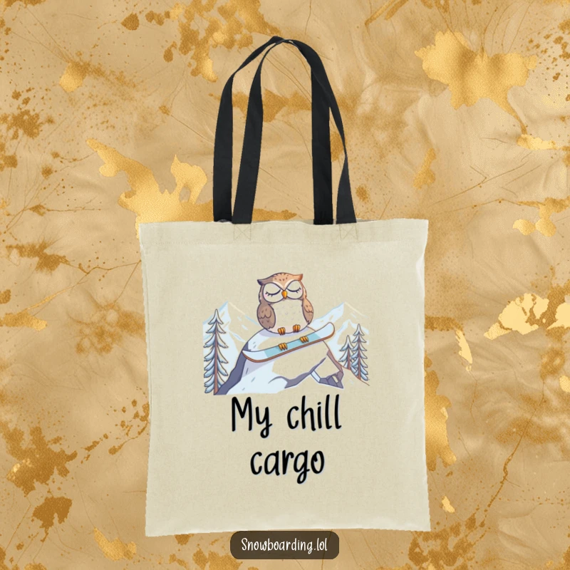 Funny tote bag with a tired owl napping on a snowboard at the mountain peak, perfect for carrying items with sleepy charm.