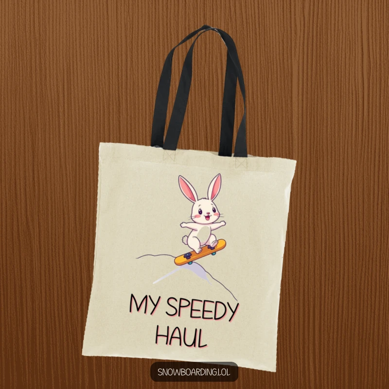 Funny tote bag with a bouncing bunny precariously riding a board downhill, perfect for carrying items with a touch of adorable mayhem.