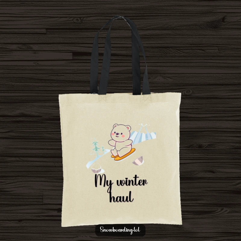 Funny tote bag with a happy bear smoothly snowboarding down a snowy mountain, perfect for carrying essentials with winter cheer.