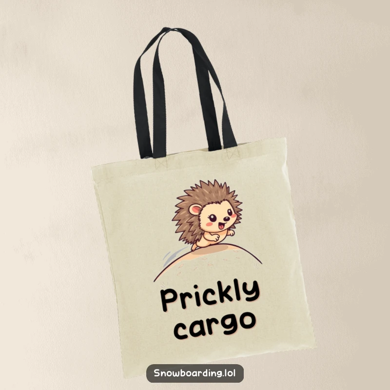 Funny Tote Bag: A happy hedgehog zooms down a hill, perfect for carrying items with a sense of speed.